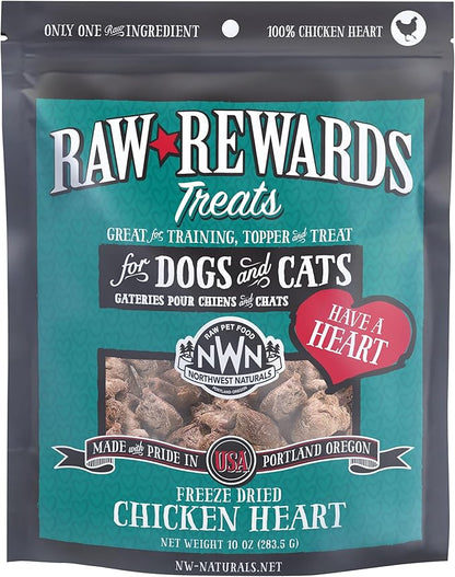 Northwest Naturals Raw Rewards Freeze-Dried Chicken Heart Treats for Dogs and Cats - Bite-Sized Pieces - Healthy, 1 Ingredient, Human Grade Pet Food, All Natural - 10 Oz (Packaging May Vary)