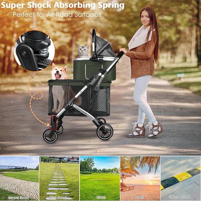 Double Pet Stroller for 2 Dogs or Cats 52LBS Green
