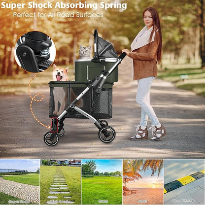 Double Pet Stroller for 2 Dogs or Cats 52LBS Green