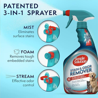 Simple Solution Stain and Odor Eliminator Spray for Dogs & Cats, Enzyme Cleaner With 2X Pro-Bacteria Cleaning Power, Strong Smell Remover for Carpets, Upholstery & Floors, 32 oz (Pack of 2)