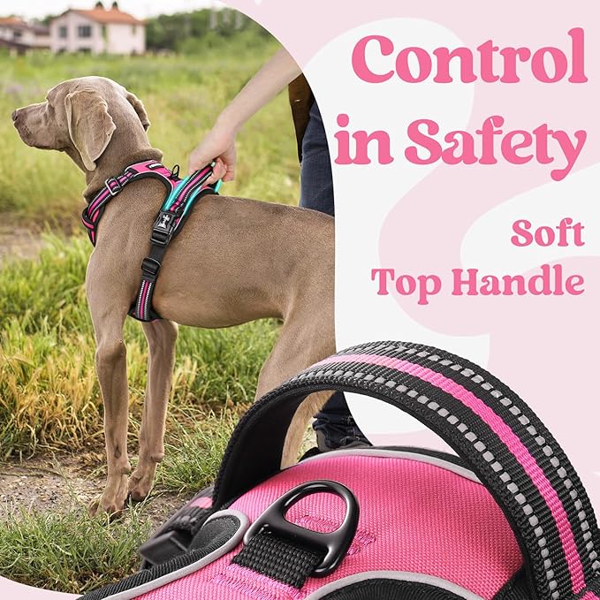 rabbitgoo Dog Harness for Large, No Pull Pet Harness with 3 Buckles, Adjustable Soft Padded Dog Vest with Instant Control Handle, Easy Walking Reflective Pet Vest for Large Dogs, Rose Pink, L