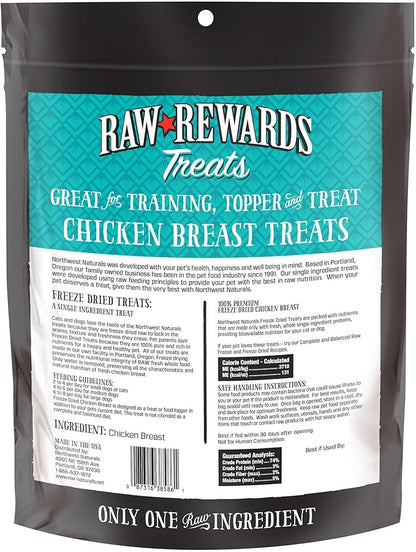 Northwest Naturals Raw Rewards Freeze-Dried Chicken Breast Treats for Dogs and Cats - Bite-Sized Pieces - Healthy, 1 Ingredient, Human Grade Pet Food, All Natural - 10 Oz (Packaging May Vary)