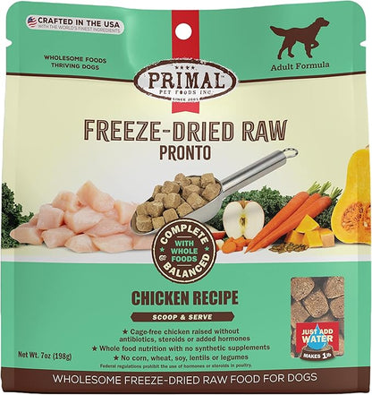 Primal Freeze Dried Dog Food Pronto, Chicken; Scoop & Serve, Complete & Balanced Meal; Also Use As Topper or Treat; Premium, Healthy, Grain Free, High Protein Raw Dog Food (7 oz)