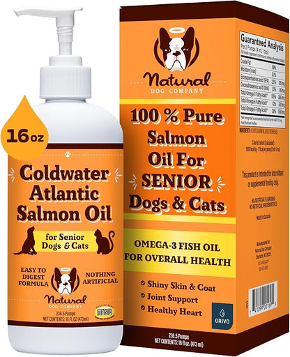 Natural Dog Company Coldwater Atlantic Salmon Oil for Dogs (16oz) - Senior Dog Fish Oil Supplement with Omega 3, Easy to Digest for Senior Dog Fish Oil, Liquid Dog Fish Oil Joint Support Supplement