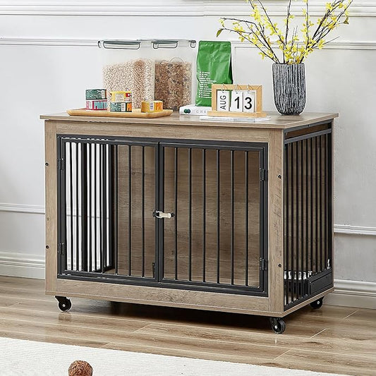 NicBex Dog Crate Furniture Dog Cage with Rotatable Feeding Bowl and 3 Doors