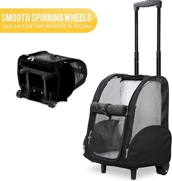 KOPEKS Deluxe Backpack Pet Travel Carrier with Double Wheels - Black - Approved by Most Airlines