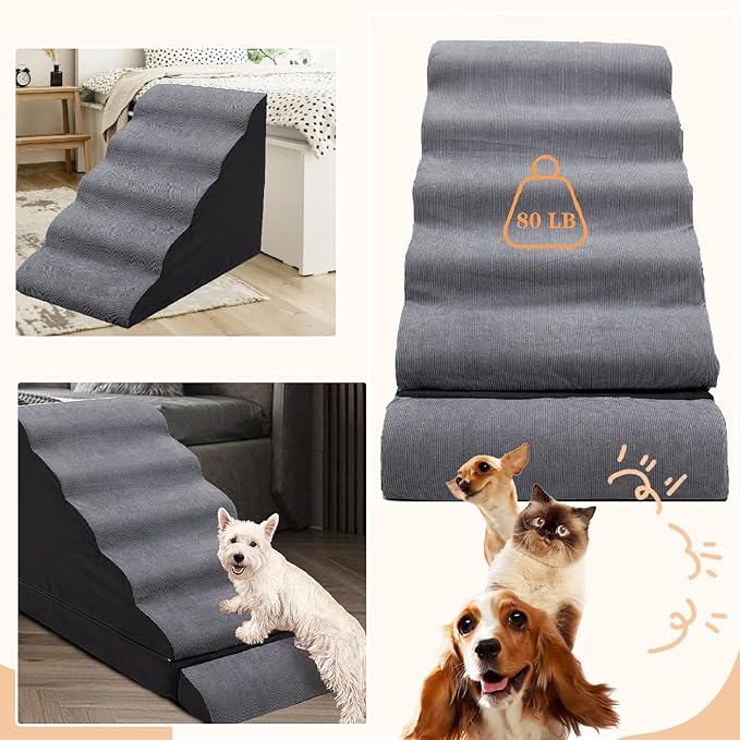 30 inch Foam Pet Stairs for High Beds, Extra Wide 6 Tier Dog Stairs/Steps for High Beds up to 36 Inches High, Non-Slip Dog Ramps for Small Dogs, Injured Pets, and Small Animals, Dark Grey