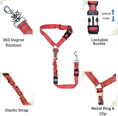 Reflective 2 in 1 Dog Cat Seat Belt Stretchable, Expandable Harness Leash and Headrest Collar Accessary for Vehicle, Pet Safety, Nylon, Heavy Duty and Elastic (Red)