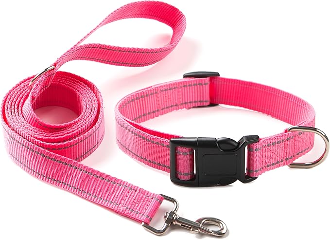 Dog Collar and Leash Set for Small,Medium,and Large Dogs,Ajustable Reflective Nylon Dog Collars and Leashes with Quick Release Buckle,Pink S(Collar+Leash)