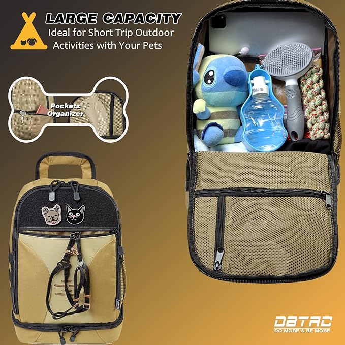 DBTAC Tactical Pet Travel Bag Small | Compact Pet Supplies Backpack for Small Dogs Cats Road Trip Outdoor Travel w/Insulated Pocket & 1x Lined Food Carrier, Tan