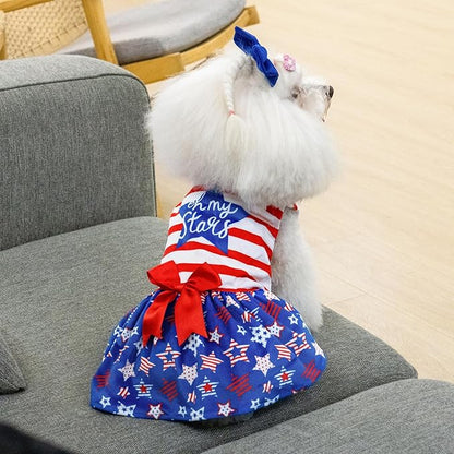 CuteBone Dog Dresses Velvet 4th of July Small Dogs Clothes Onesie Pet Apparel Girl Puppy Skirt with Bow Hair Rope CVA38M-D