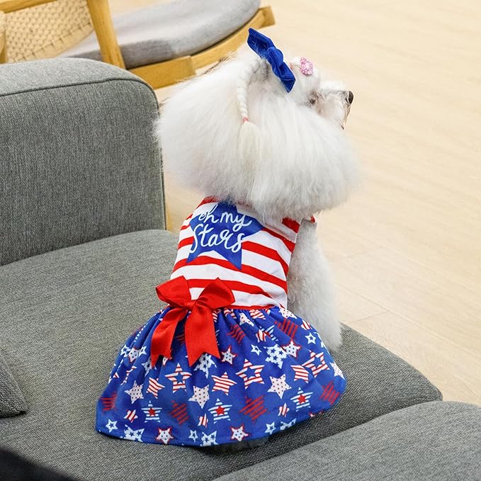 CuteBone Dog Dresses Velvet 4th of July Small Dogs Clothes Onesie Pet Apparel Girl Puppy Skirt with Bow Hair Rope CVA38S-D