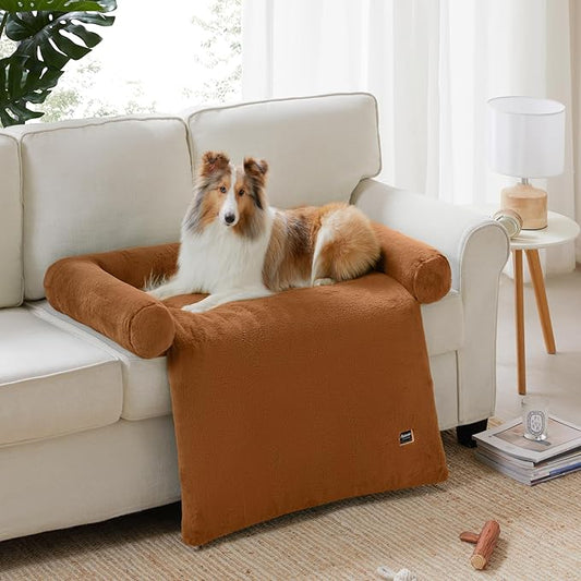 Allisandro Calming Dog Bed Mat, Washable Couch Cover for Dogs, Comfort and Anti-Slip Sofa Dog Bed with Bolster, Waterproof Furniture Protector Cover for Pets, 35x33x5 Inches, Chestnut Brown