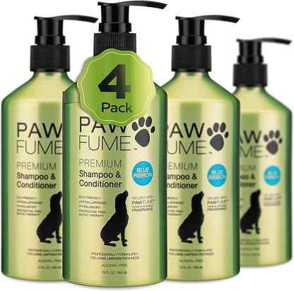 Pawfume Dog Shampoo and Conditioner – Hypoallergenic Dog Shampoo for Smelly Dogs – Best Dog Shampoos & Conditioners – Probiotic Shampoo for Dogs – Best Dog Shampoo for Puppies (Blue Ribbon, 4-Pack)