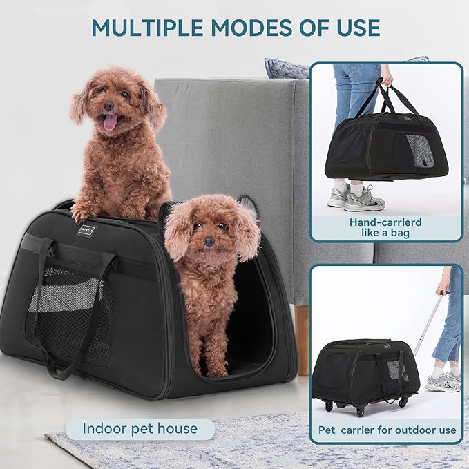 PETSFIT Extra Large Pet Carrier with Wheels Designed for 2 Small Dogs/Multiple Kittens/Medium Dogs with Adjustable Safety Rope & Waterproof Bottom (𝑵𝒐𝒕 𝑨𝒊𝒓𝒍𝒊𝒏𝒆 𝑨𝒑𝒑𝒓𝒐𝒗𝒆𝒅)