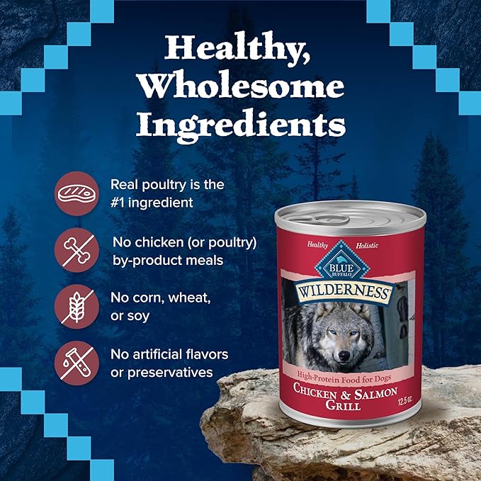 Blue Buffalo Wilderness Adult Wet Dog Food, High-Protein & Grain-Free, Made with Natural Ingredients, Salmon & Chicken Grill, 12.5-oz. Cans, 12 Count