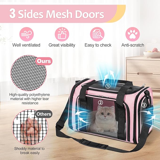 Cat Dog Carrier Up to 15 Lbs TSA Airline Approved Pet Carrier for Small Medium Cats Puppies Dog Carriers for Small Dogs Collapsible Soft Sided Cat Travel Carrier - Pink 15.7"x10.2"x10.2"