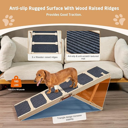 Wooden Dog Ramp for High Bed, 47.2" Long Non-Slip Dog Ramp for Couch, 6 Adjustable Heights from 15.7" to 28" with Side Rails Anti-Slip Traction Mat for Small Medium Large Dogs(Up to 160 Lbs)