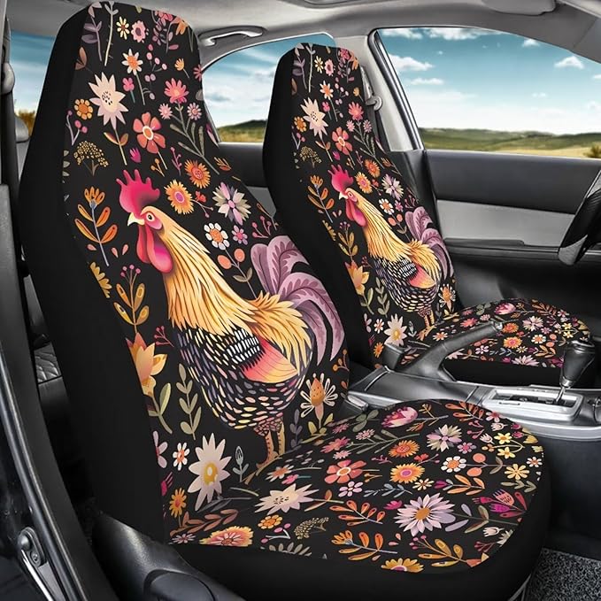 Rooster Chicken Flower Car Seat Cover for Women Men
