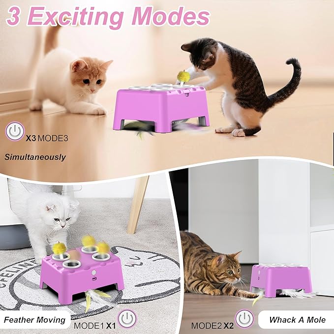 Interactive Cat Toys, 2-in-1 Automatic Cat Toy, 4 Holes Mice Whack A Mole Cat Mouse Toy with Moving Feather, Portable USB Rechargeable Electronic Kitten Toys Pink