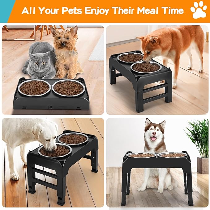 Elevated Dog Bowls, 4 Height Adjustable Raised Dog Bowl Stand with 2 Thick 50oz Stainless Steel Dog Food Bowls Non-Slip Dog Feeder for Large Medium Dogs Adjusts to 3.7", 9.2", 10.75", 12.36" Black