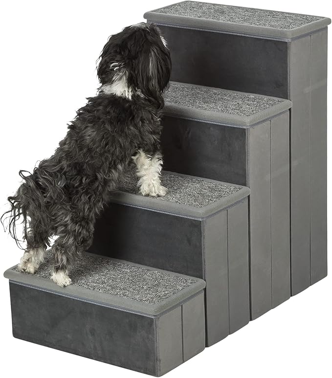 TRIXIE Velour 4-Step Pet Stairs with Storage, Collapsible, Storage Compartments for Pet Toys