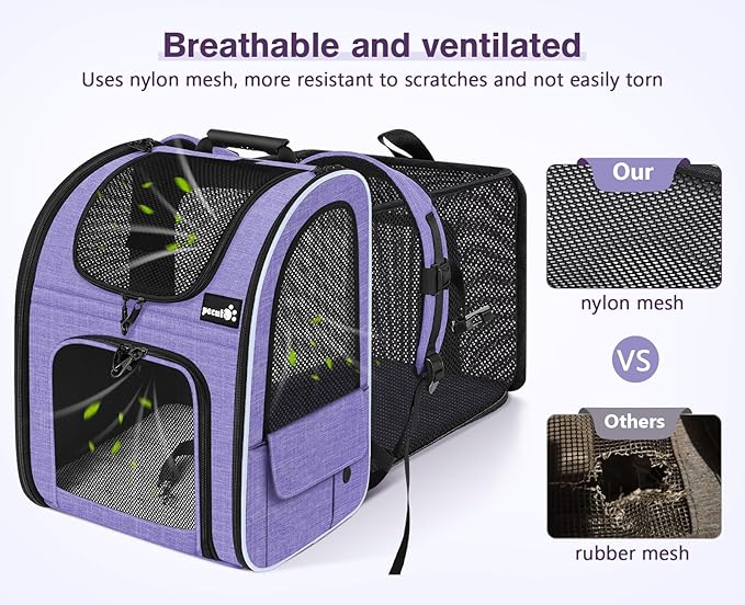 Pecute Cat Backpack Carrier, Expandable Cat Carrier Backpack with Breathable Mesh, Pet Carrier Backpack for Cats Small Dogs Puppies, Dog Backpack Carrier Great for Travel Hiking Camping Outdoor Purple