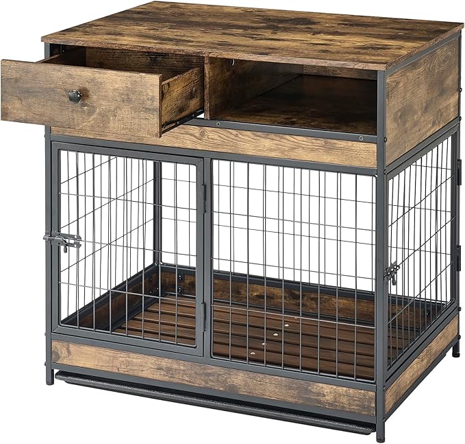 Okak Dog Crate Furniture Wooden Dog Crate Table with Drawers and Wheels Heavy Duty Dog Cage with Double Iron Doors Dog Kennel Indoor for Medium/Large Dog Brown,31.5" L