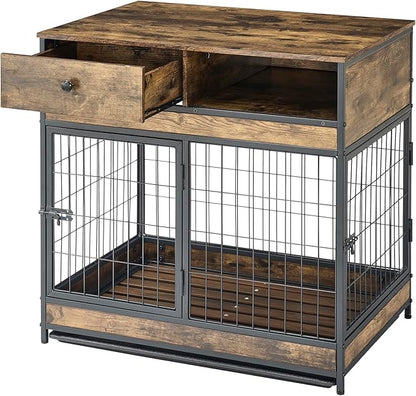 Okak Dog Crate Furniture Wooden Dog Crate Table with Drawers and Wheels Heavy Duty Dog Cage with Double Iron Doors Dog Kennel Indoor for Medium/Large Dog Brown,31.5" L