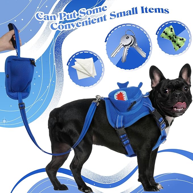 Dog Backpack Harness, Cute Dog Harness with Leash, Dog Harness with Backpack, No Pull Dog Saddle Bag Puppy Vest, Mesh Shark Self Bag with D-Ring, Dog Hiking Backpack for Small Medium Dogs S