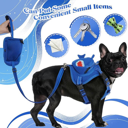 Dog Backpack Harness, Cute Dog Harness with Leash, Dog Harness with Backpack, No Pull Dog Saddle Bag Puppy Vest, Mesh Shark Self Bag with D-Ring, Dog Hiking Backpack for Small Medium Dogs S