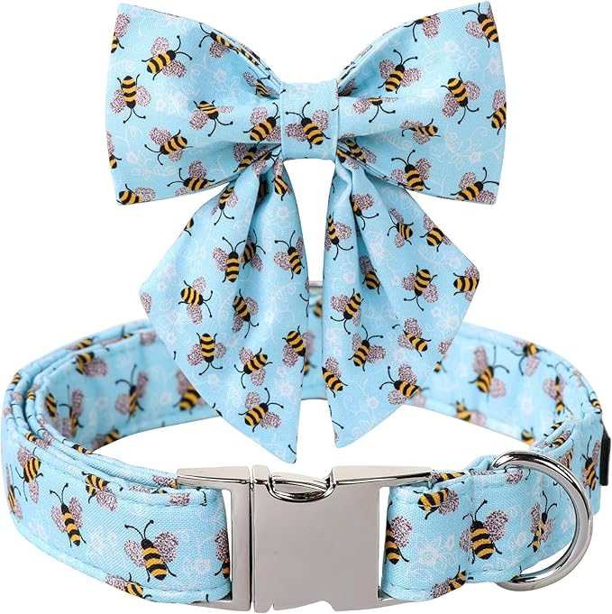 Maca Bates Blue Bee Dog Collar with Bow Bowtie for Dogs Sailor Bow Tie Adjustable Breakaway Cute Collars Accessories Gift for Small Medium Large XL Puppy with Golden Metal Buckle