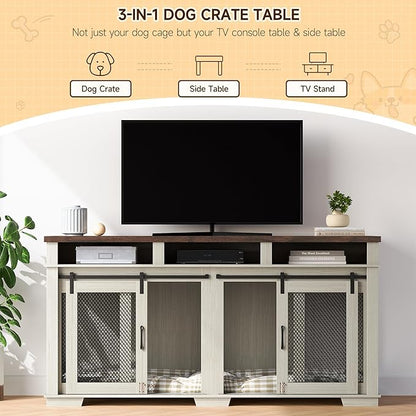 71" Extra Large Dog Crate Furniture 2 Dogs Dogs,3 Storage,White/Dark