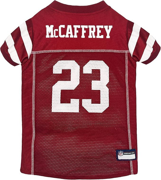 Pets First NFLPA Christian MCCAFFREY PET Jersey #23, NFL Dog Shirt, San Francisco 49ers Mesh Jersey, Size X-Small