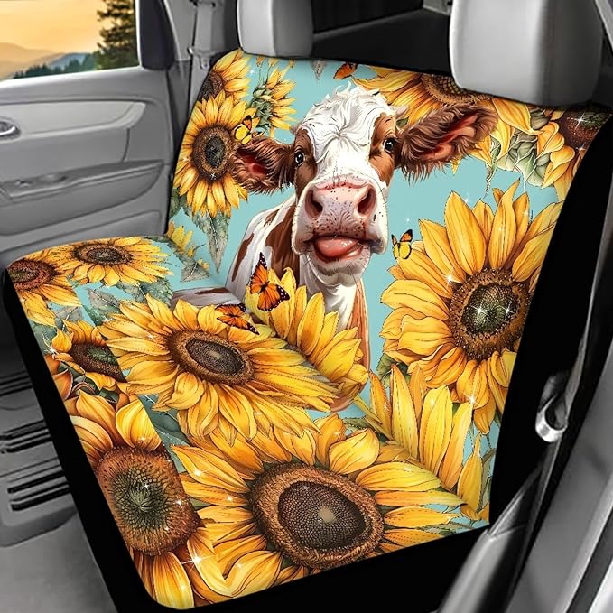 WELLFLYHOM Sunflower Cow Car Accessories Bench Seat Cover 2