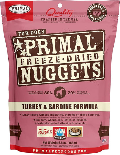 Primal Freeze Dried Raw Dog Food Nuggets, Turkey & Sardine, Complete & Balanced Meal, Also Use as Topper or Treat, Premium, Healthy, Grain Free, High Protein Raw Dog Food, 5.5 oz