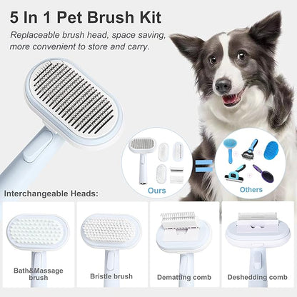 5 IN 1 Pet Grooming Brush Kit,Dog&Cat Self Cleaning Slicker Brush for Shedding.Dematting&Deshedding Dog Brush,Dog Hair Brush,Suitable for Small&Large,Long&Short Haired Pets.(Blue)