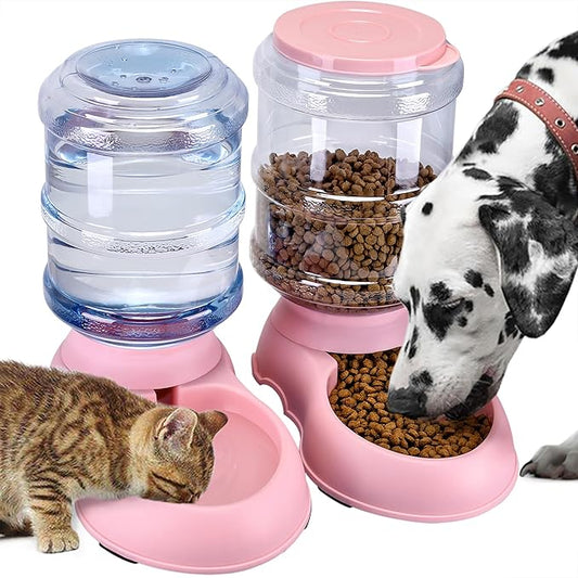 2 Pack Automatic Cat Feeder and Water Dispenser in Set Gravity Food Feeder and Waterer Pet Food Bowl for Small Medium Dog Pets Puppy Kitten Big Capacity 1 Gallon x 2