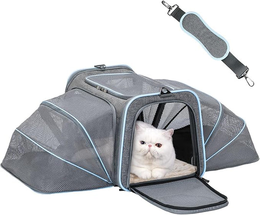 Petsfit Expandable Large Cat Carrier Small Dog Carriers Airline Approved, 17" Lx 11" Wx 11" H Soft-Sided Portable Washable Pet Travel Carrier with 2 Extension for Kittens, Puppies, Rabbits