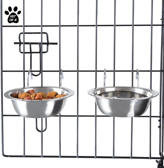 Set of 2 Stainless-Steel Dog Bowls - Cage, Kennel, and Crate Hanging Pet Bowls for Food and Water - 8oz Each and Dishwasher Safe by PETMAKER, Silver