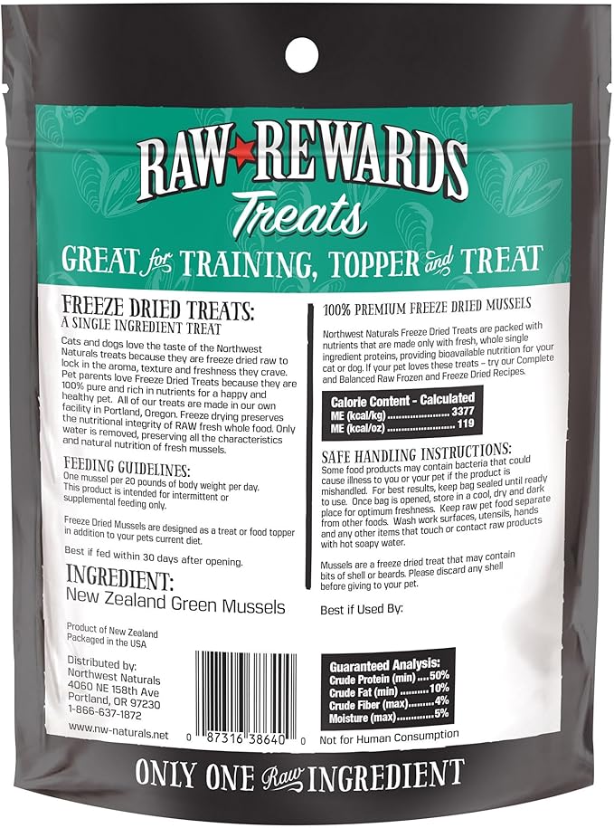 Northwest Naturals Raw Rewards Freeze-Dried Green Lipped Mussel Treats for Dogs and Cats - Bite-Sized Pieces - Healthy, 1 Ingredient, Human Grade, Natural - 2 Oz (Pack of 3) (Packaging May Vary)