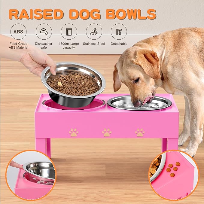 Elevated Dog Bowls 5 Height Adjustable Non-Slip Stand Adjusts to 3.1", 9", 10", 11", & 12" with 2 Stainless Steel Raised Dog Food Bowl for Medium Large Dogs and Pets (Pink)