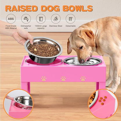 Elevated Dog Bowls 5 Height Adjustable Non-Slip Stand Adjusts to 3.1", 9", 10", 11", & 12" with 2 Stainless Steel Raised Dog Food Bowl for Medium Large Dogs and Pets (Pink)