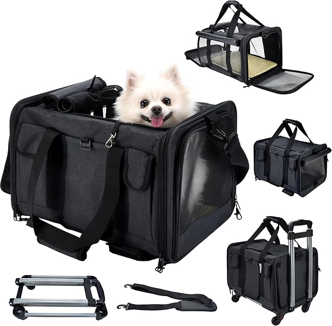 Rolling Airline Approved Premium Dog and Cat Carrier - 16.5" x 13" x 11.5" - Pet Travel Carrier for Small Dogs and Cats Under 16 LBS - Telescopic Handle and 360° Wheels - TSA Approved Cat Carrier