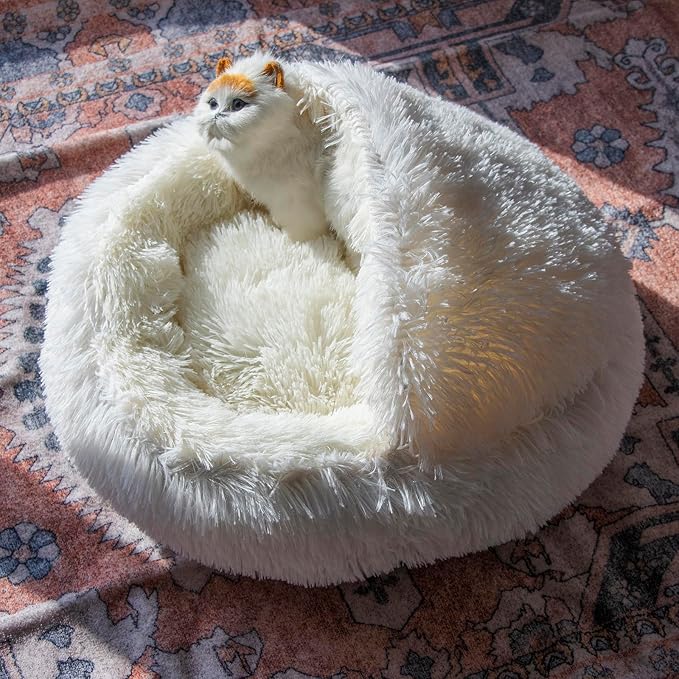 Cat Bed Round Fluffy Hooded Cat Bed Cave