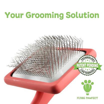 Pet Slicker Brush With Soft Massage Grooming Stainless Steel Pins - For Dematting, Shedding Fur, and Undercoat - Ideal Gift for Professional Pet Groomers - Long Slicker Brush - Flying Pawfect