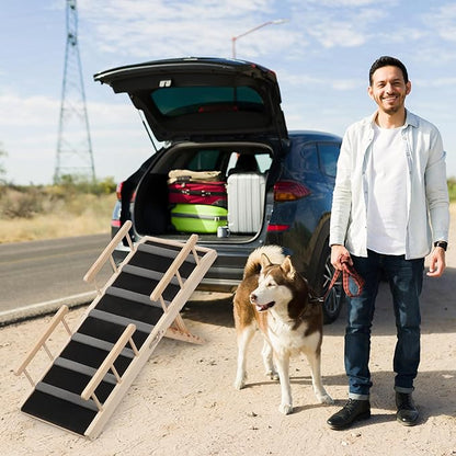 Wooden Dog Ramp for Car Dog Stairs for High Beds, Foldble Pet Steps with Handrail Dog Ramps for Large Dogs Older Animals