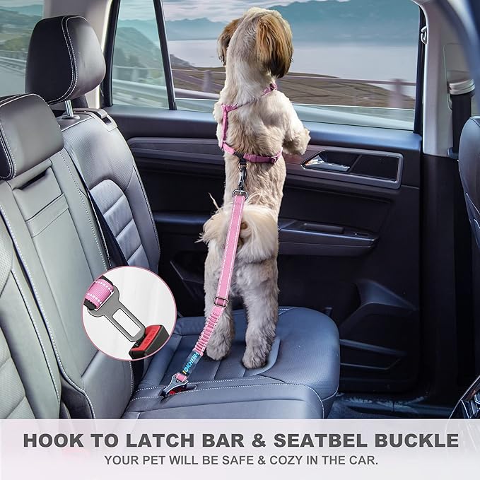 IOKHEIRA Dog Seatbelt, Updated Dog Seat Belt, Adjustable Dog Seatbelt Harness, Reflective Bungee Dog Car Seatbelt with Hook& Buckle, Dog Car Seat Belt with Aviation Aluminum Alloy Swivel Carabiner