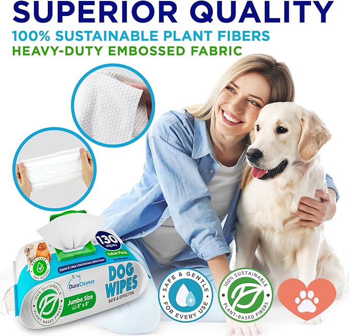 Dog Wipes for Paws Butt and Ears - 2 Pack | 260 Count + 8 Travel Pet Wipes - 8" x 8" Large Dog Grooming Bath Wipes - Hypoallergenic, Extra Thick Cleaning Deodorizing Puppy Wipes for Dogs, Cats, Pets