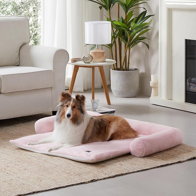 Allisandro Calming Dog Bed Mat, Washable Couch Cover for Dogs, Comfort and Anti-Slip Sofa Dog Bed with Bolster, Waterproof Furniture Protector Cover for Pets, 42x38x5 Inches, Pink